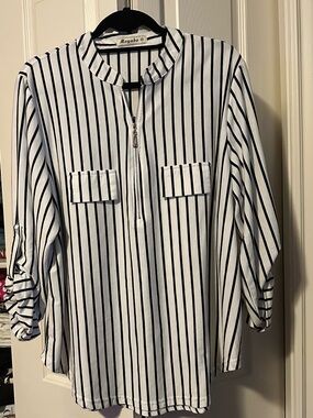 Black & White Vertical Stripe Zip-Front Blouse